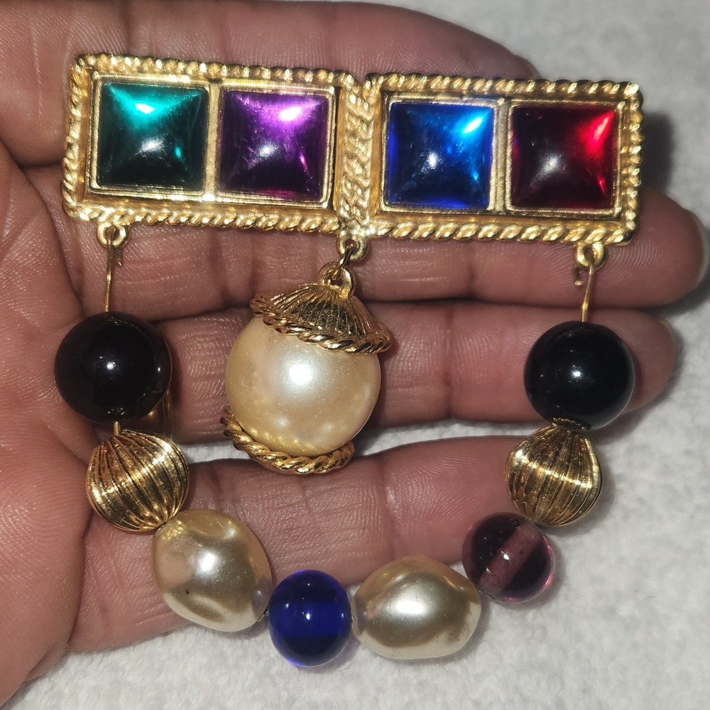 Vintage Gold Tone Multi Color Cabochon Faux Pearl Beaded Drop Statement‎ Brooch - Picture 6 of 9
